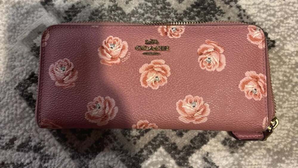 Coach Accordion Zip Around Wallet Rose Floral Print Pink Leather